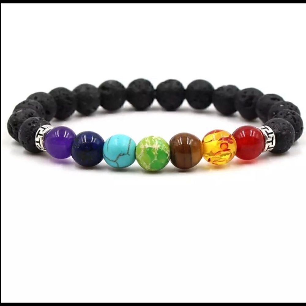 Set of (2) Essential Oil Diffuser Chakra / Black Lava Rock Stone Bead Bracelets - Picture 4 of 9